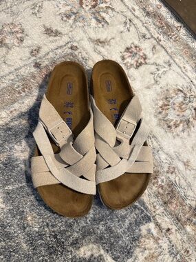 Birkenstock Suede Crossover Slide Sandals in Beige